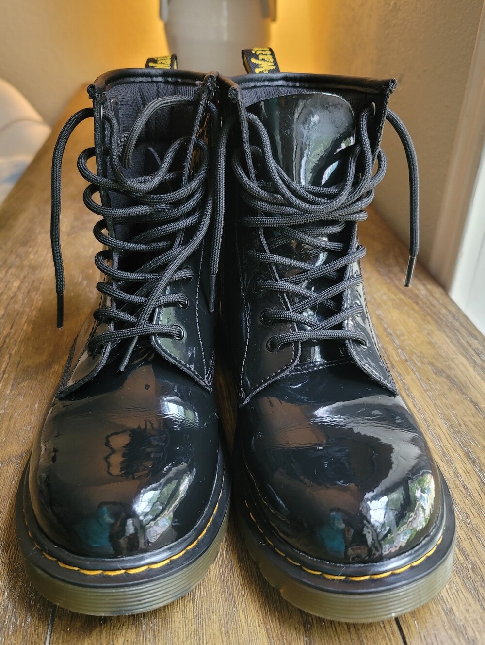 Dr. Martens Black Patent Lace-Up Combat Boots with Yellow Welt